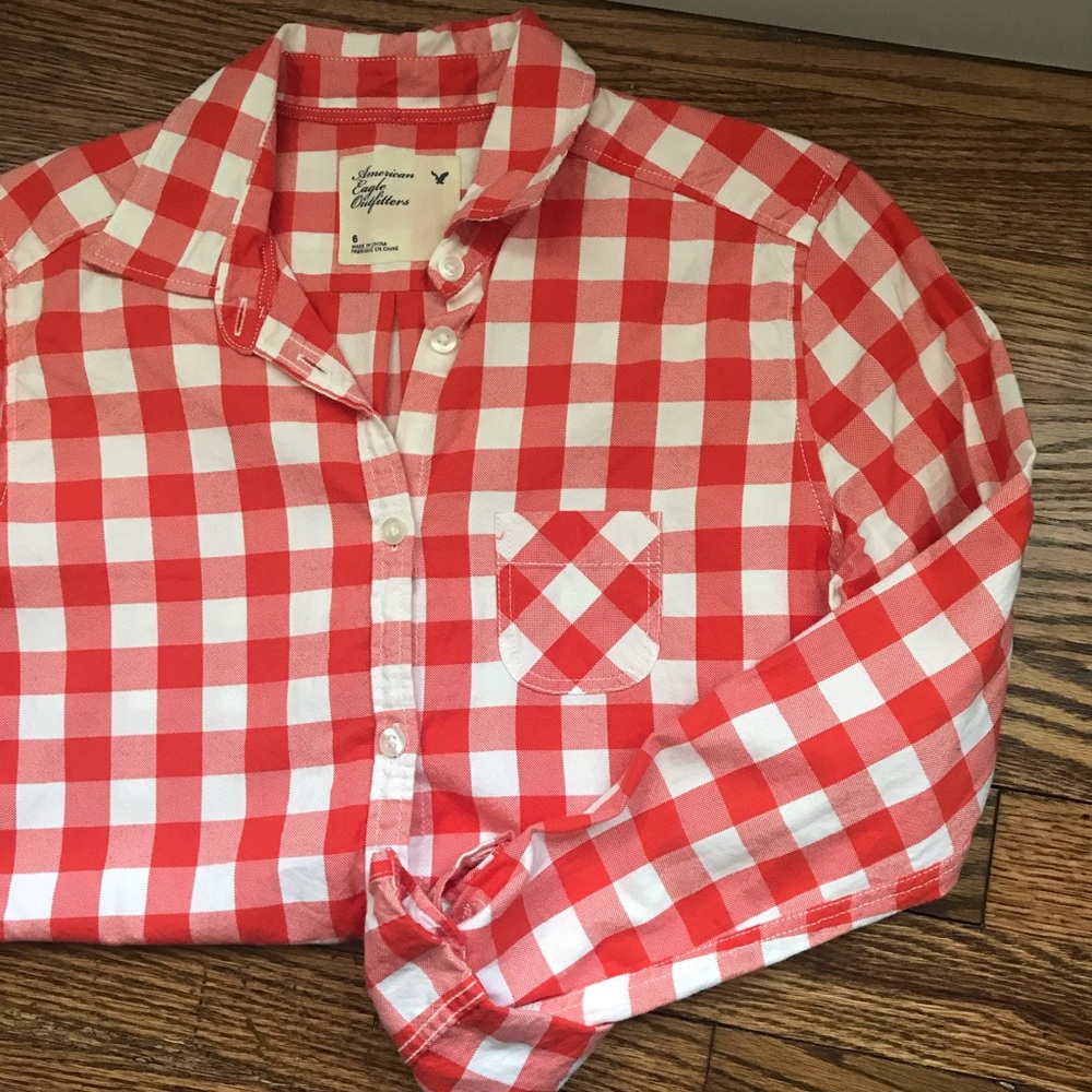 American Eagle Orange Buffalo Check Top